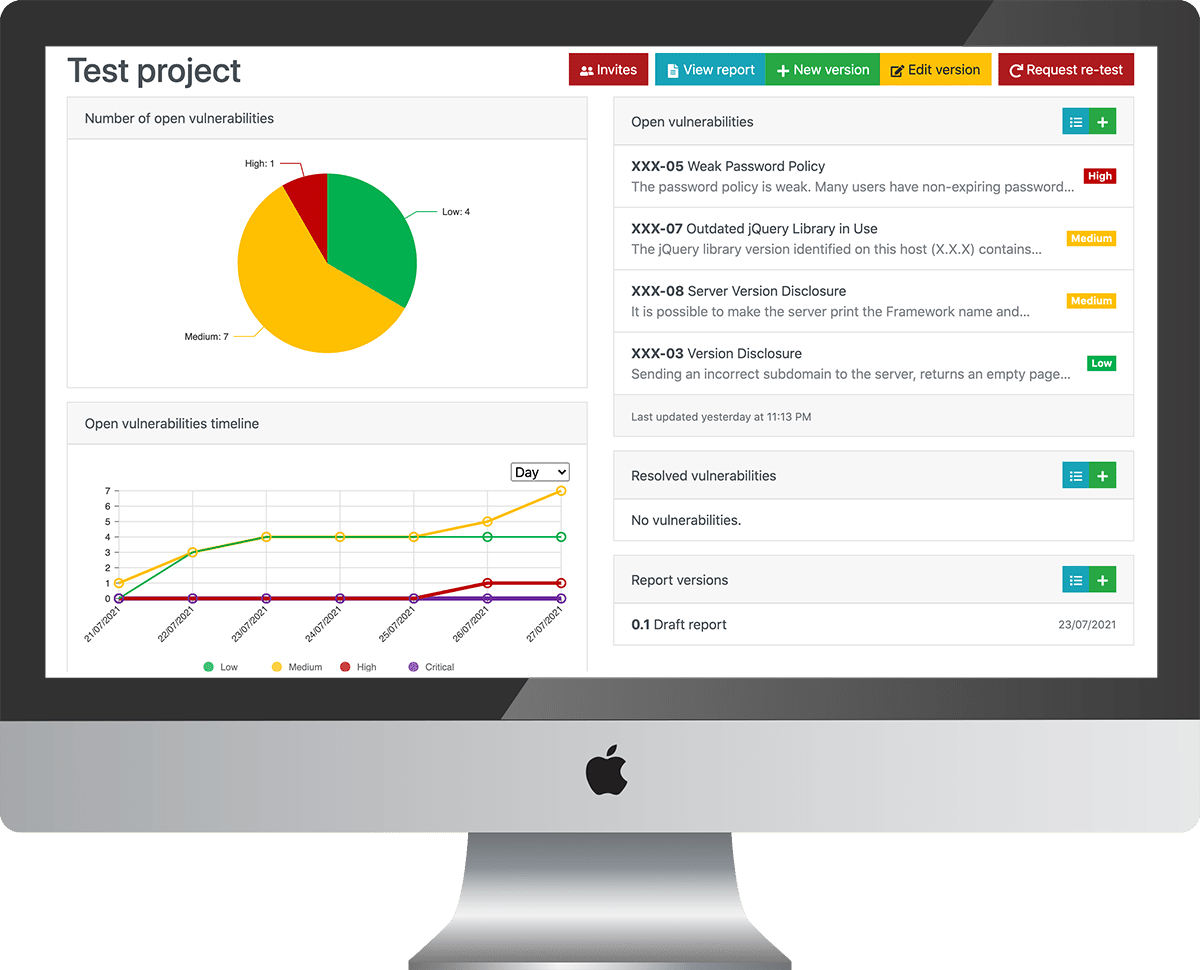 Security audit dashboard showing reports and statistics
