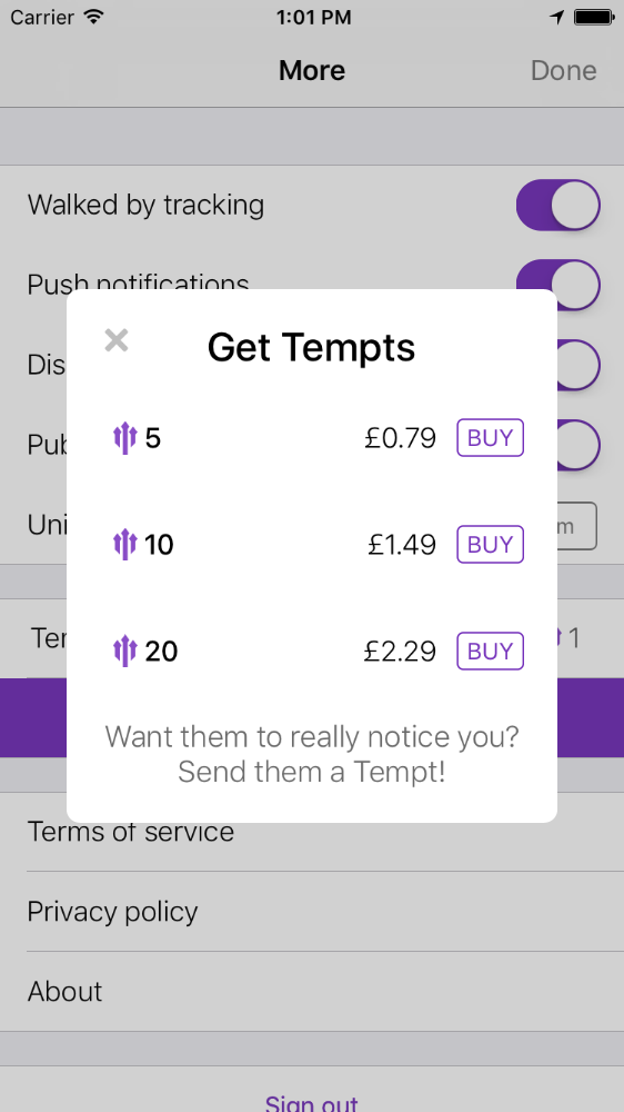 Temptr mobile app profile intro screen
